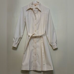 Vintage 70s Cream Pleated Mod Shirt Dress   Dagger Collar Belted Midi Small S